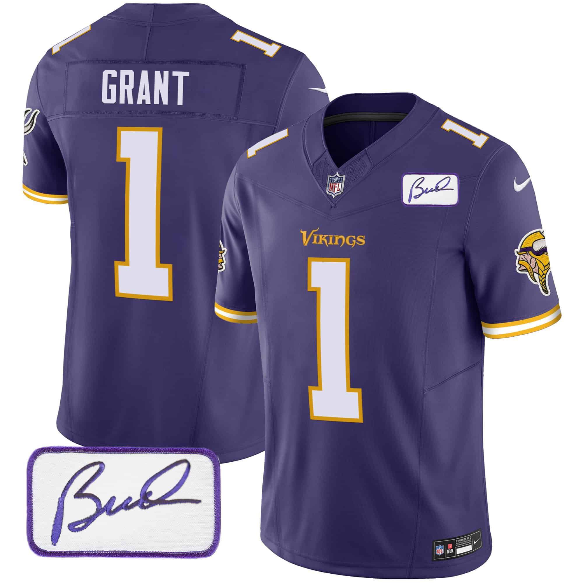 Men Minnesota Vikings #1 Grant Purple 2024 Nike Bud Grant Patch Classic Limited NFL Jersey style 5